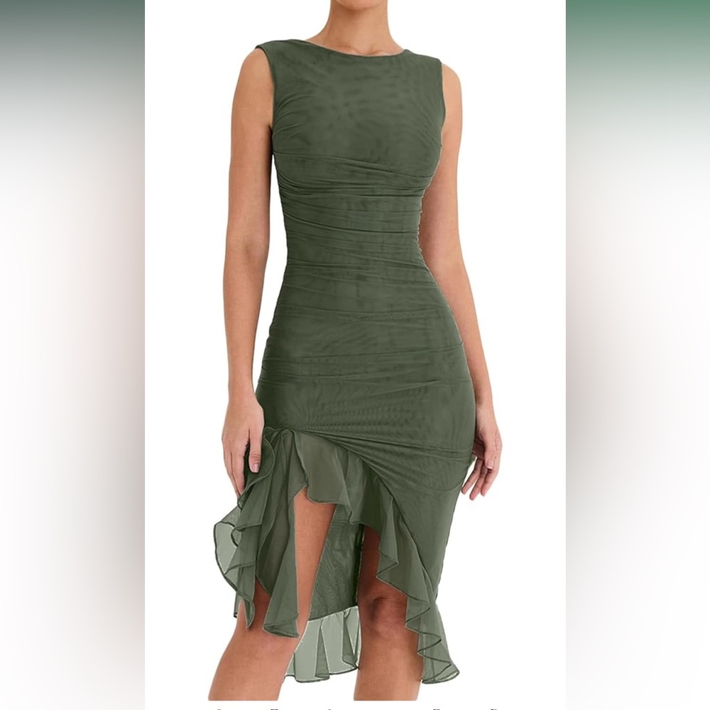 Elegant Olive Green Sleeveless Dress